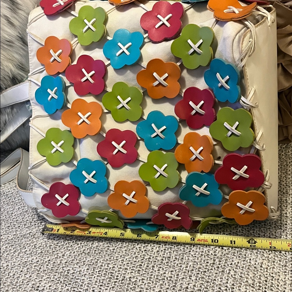 Nine West Florsl Embellished Colorful Canvas Faux Leather Tote Purse Bag - Picture 8 of 15